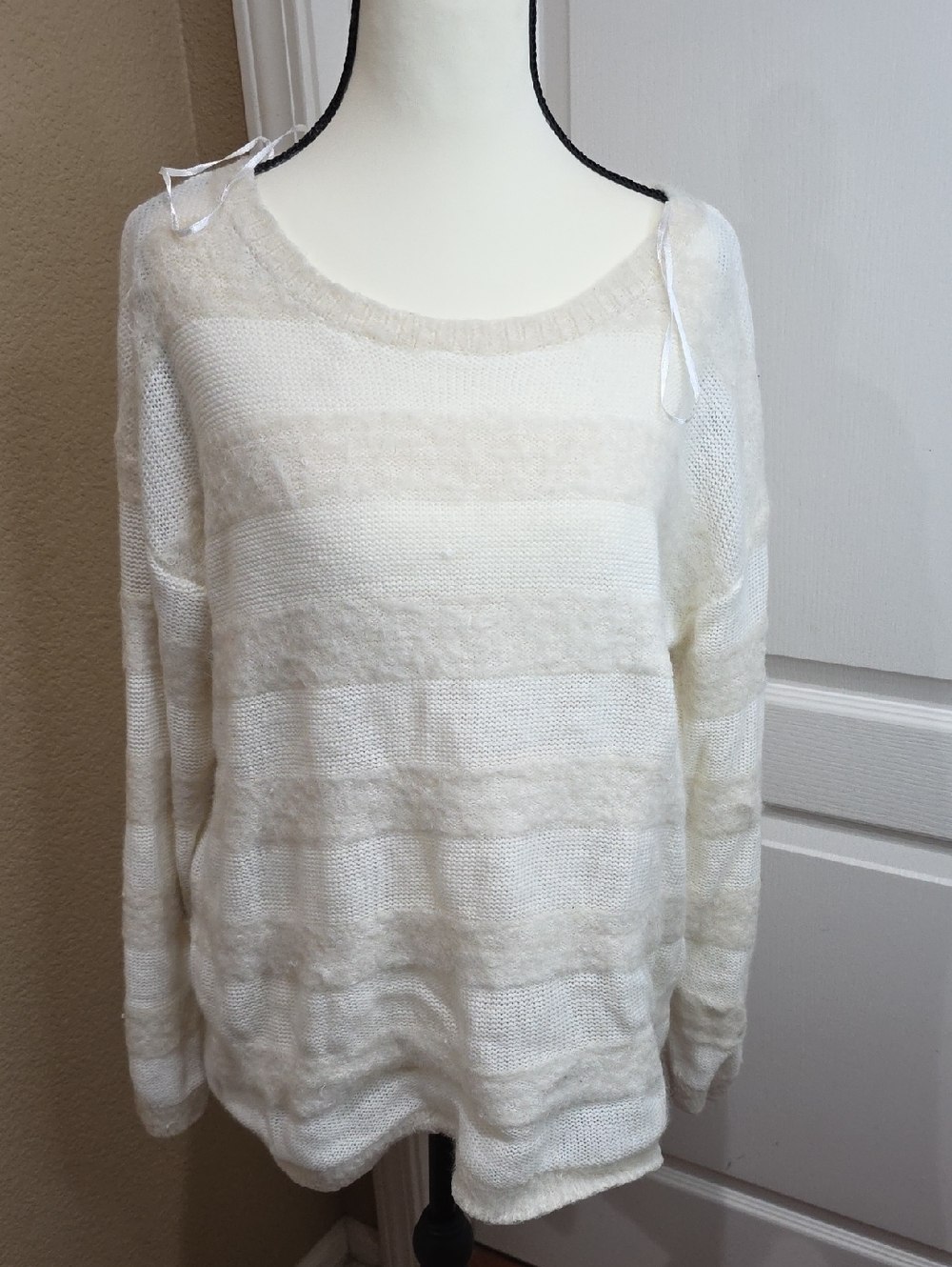 Joseph A Cream and Ivory Scoop Neck Striped Sweater